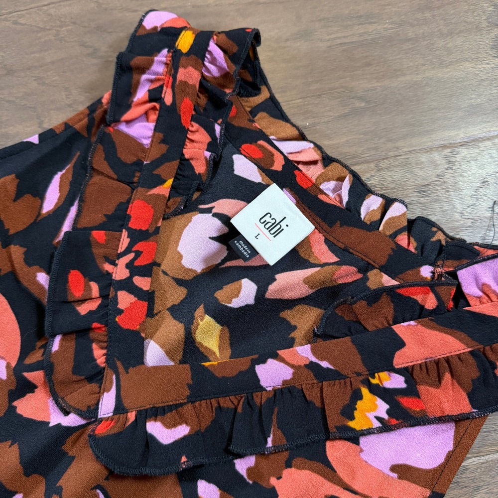 Cabi 4454 Pink Orange Abstract Floral Ruffle Neck Sleeveless Dress Womens‎ L - Picture 2 of 6